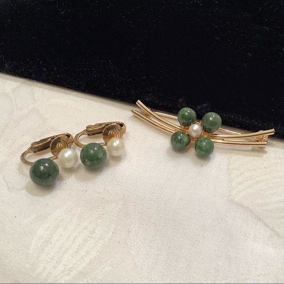 Vintage Burt Cassell 12K GF Jade And Pearl Set - Picture 4 of 6